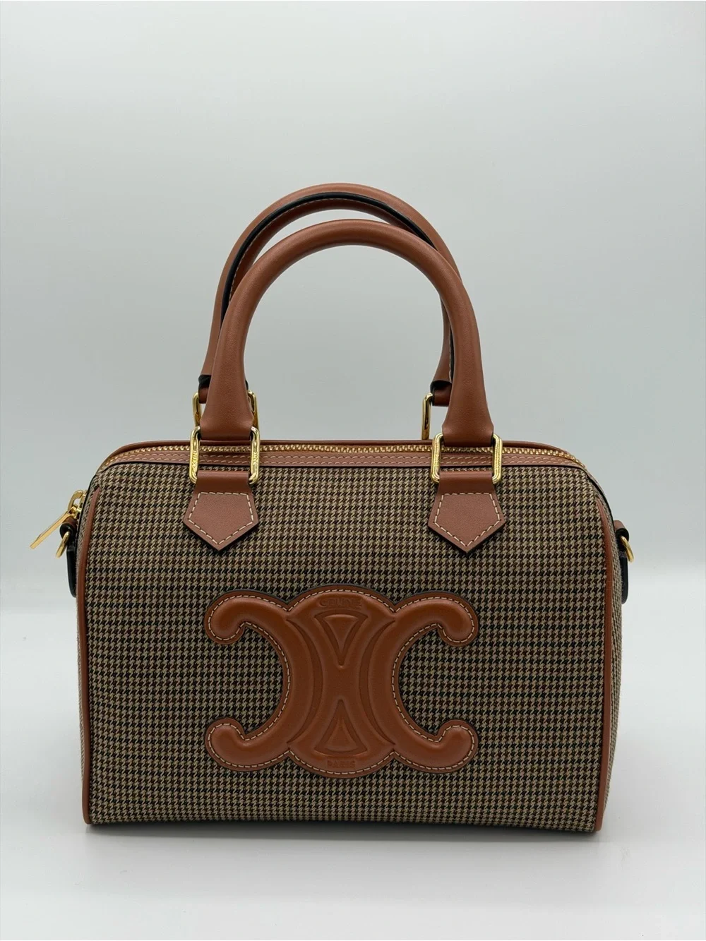 Celine Brown Houndstooth Satchel with Tan Leather Trim